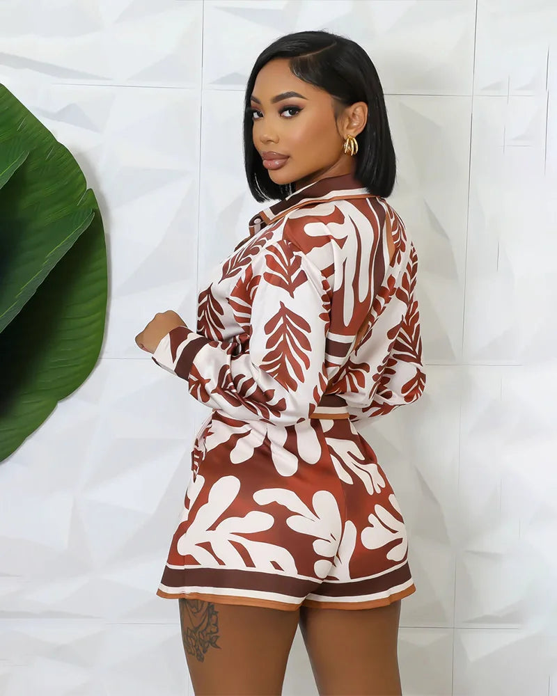 Botanical Print Satin Shorts Set