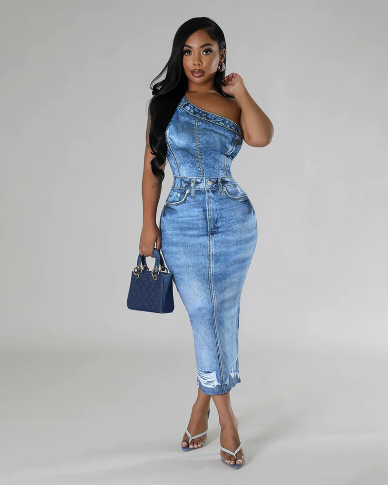 Denim Effect One-Shoulder Midi Dress