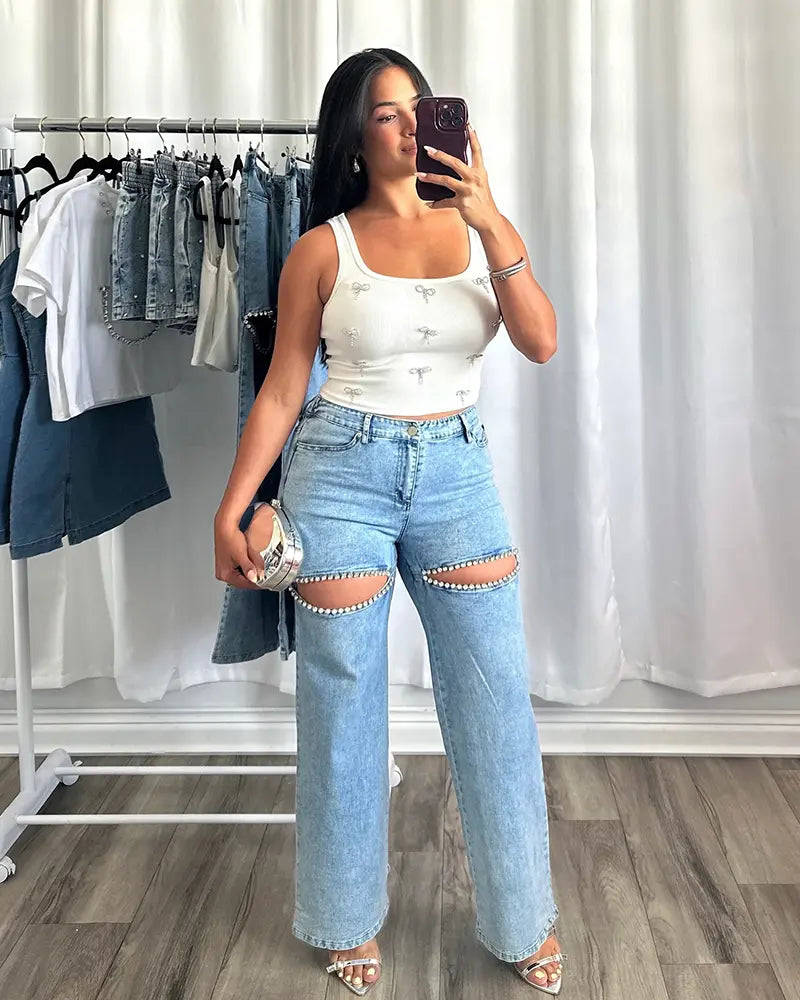 Luxe Crystal Detail Denim Pants