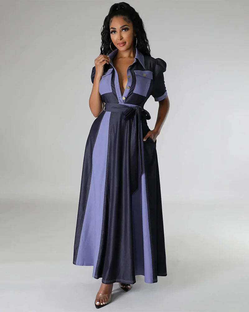Midnight Contrast Belted Maxi Dress