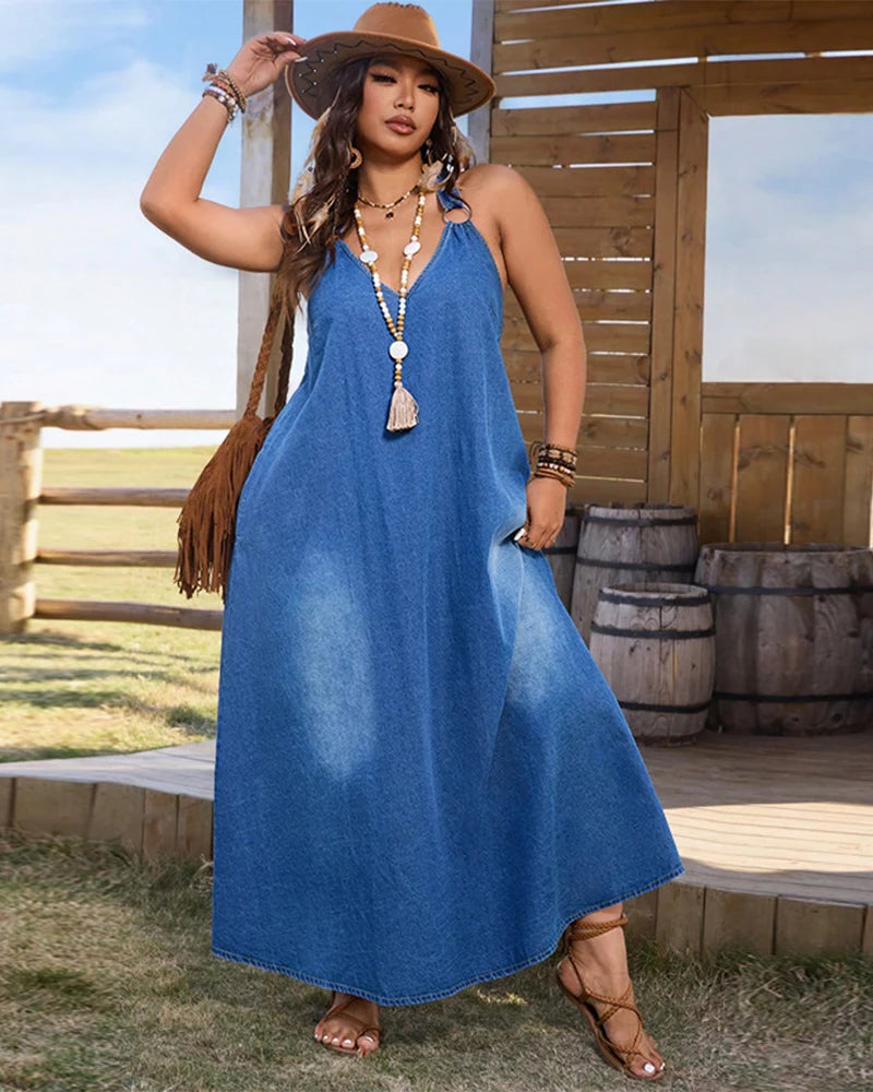 Plus Size Boho Denim Maxi Dress