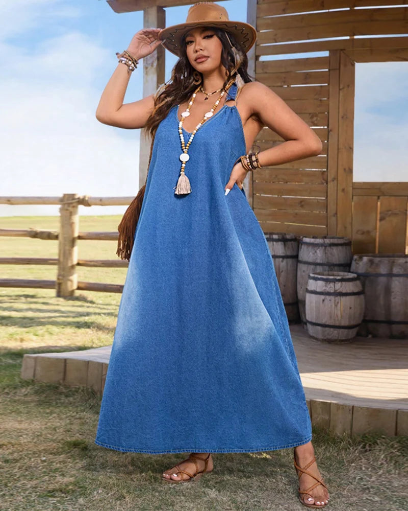 Plus Size Boho Denim Maxi Dress