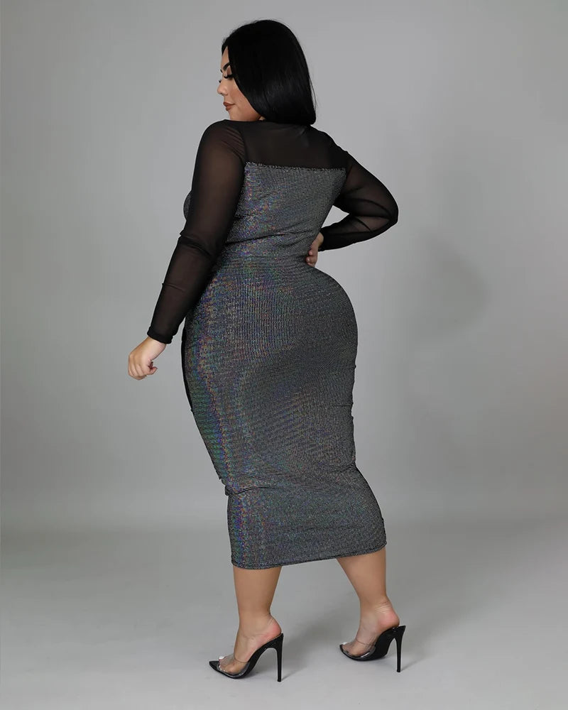 Plus Size Mesh Patchwork Bodycon Midi Dress