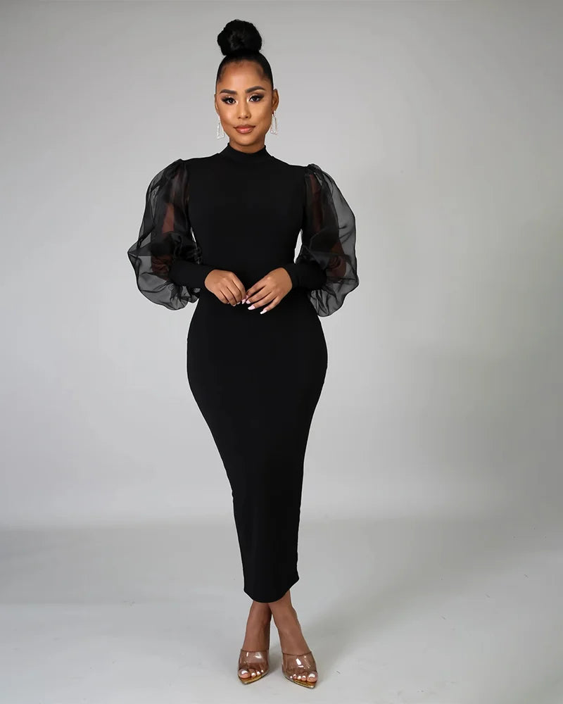 Sheer Allure Mesh Sleeve Midi Dress