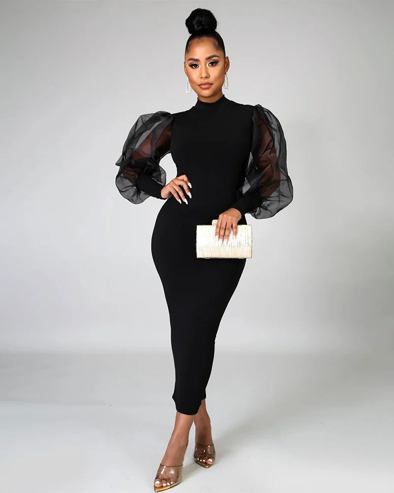 Sheer Allure Mesh Sleeve Midi Dress