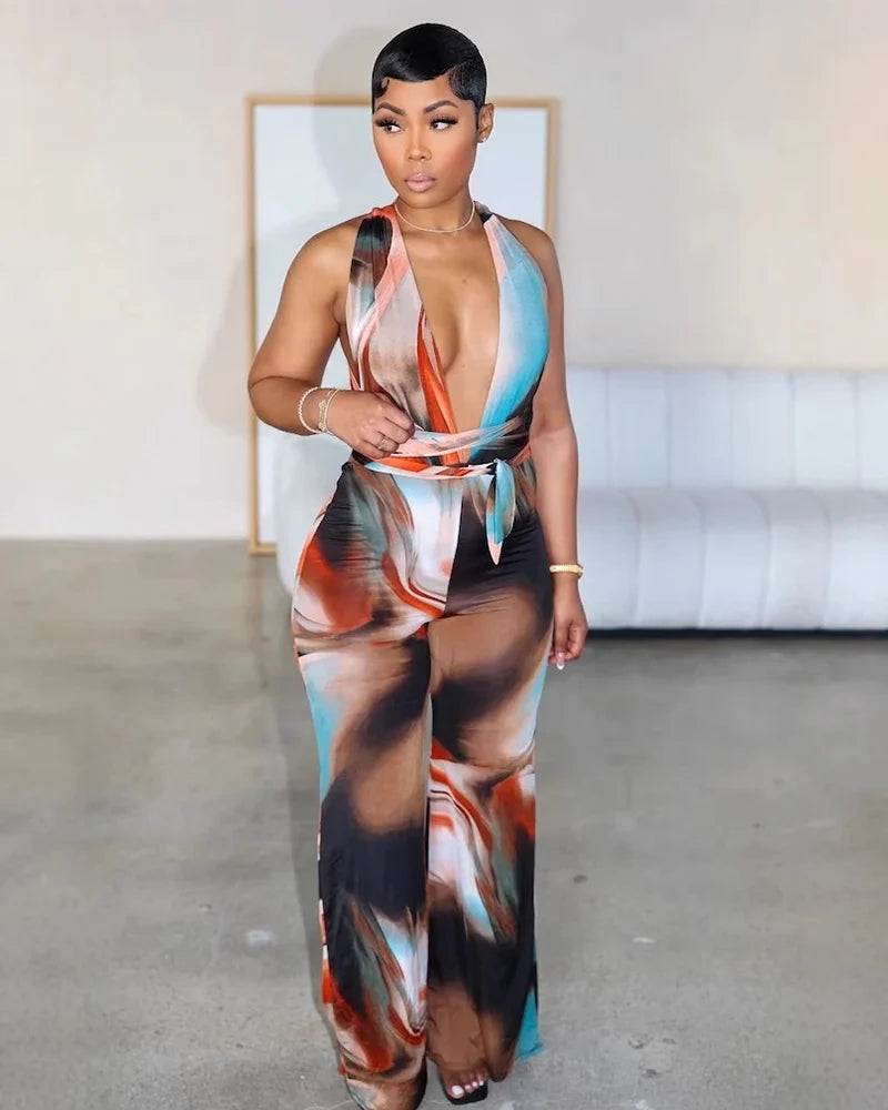 Sleek Tie Waist Printed Deep V Jumpsuit