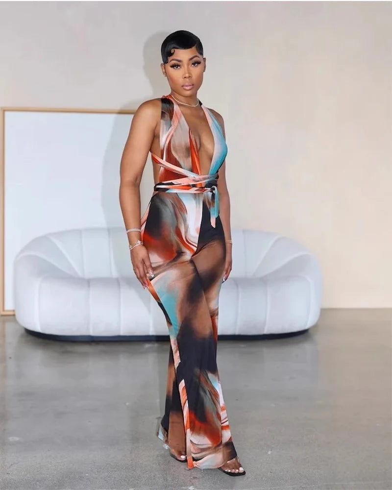 Sleek Tie Waist Printed Deep V Jumpsuit