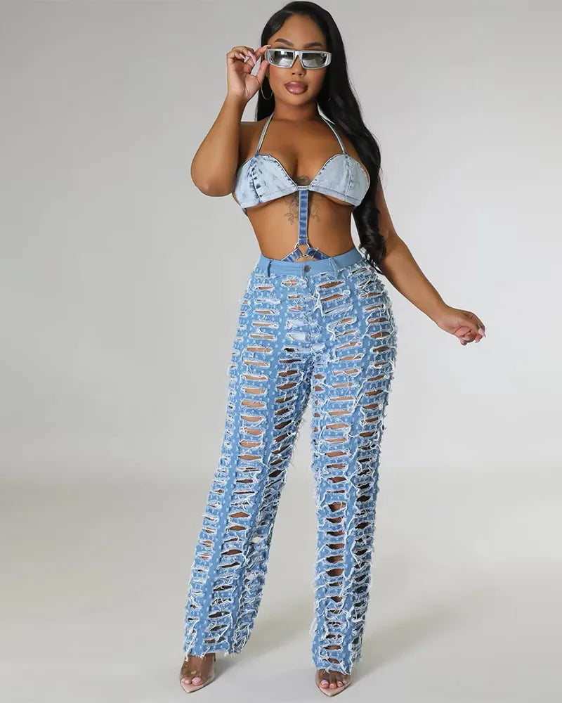 Distressed Mesh Pants