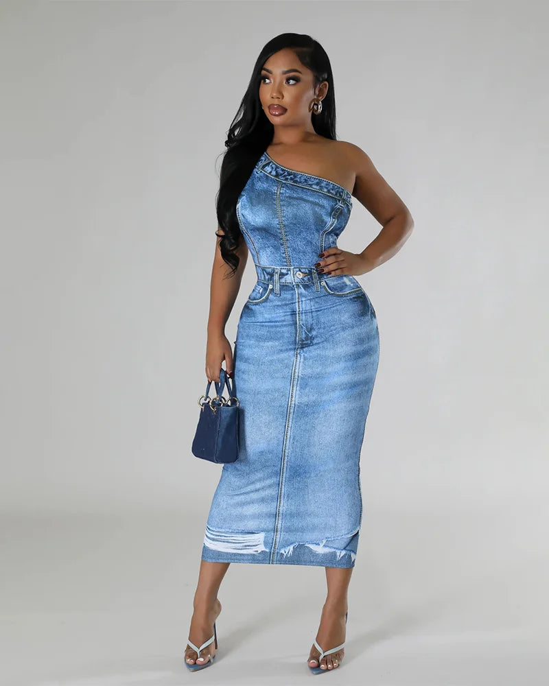 Denim Effect One-Shoulder Midi Dress