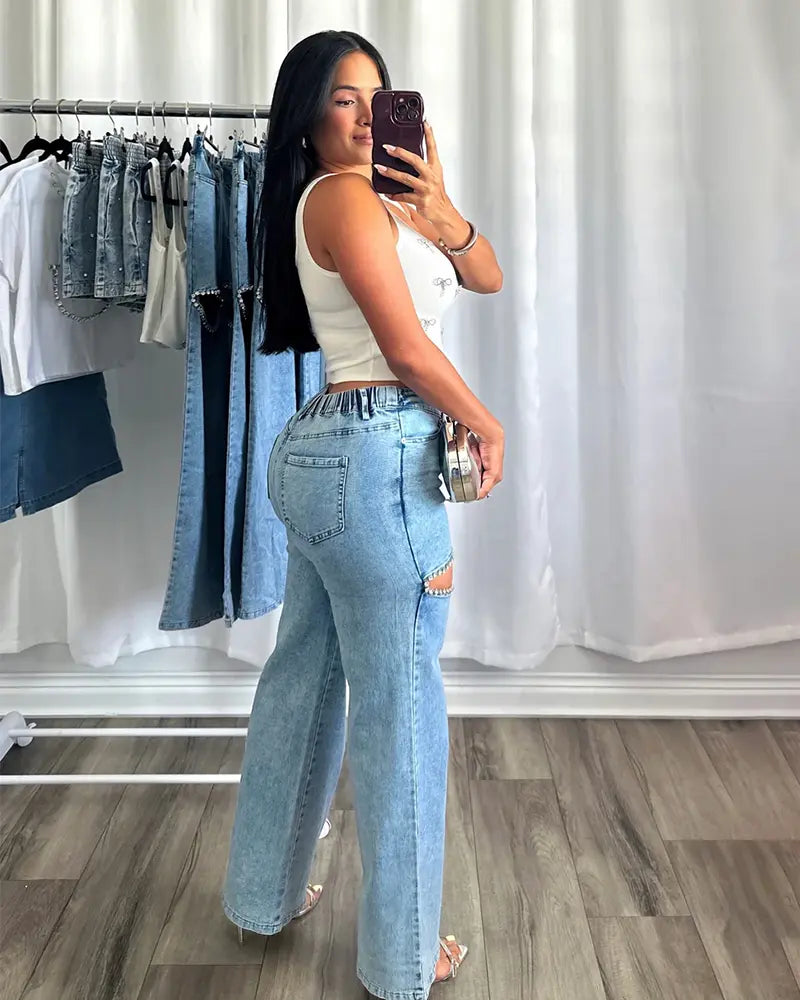 Luxe Crystal Detail Denim Pants