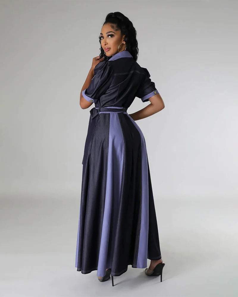 Midnight Contrast Belted Maxi Dress