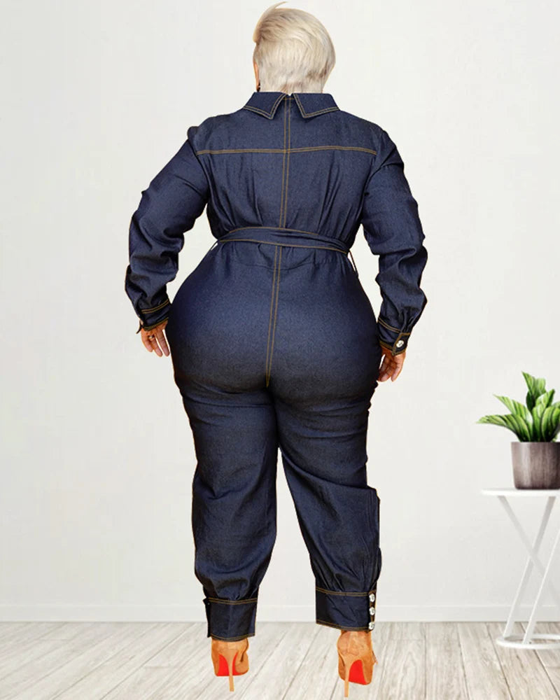 Plus Size Button-Down Belted Denim Jumpsuit
