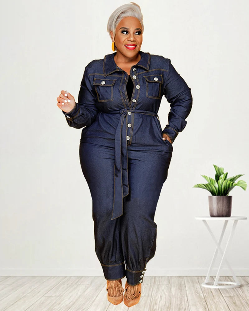 Plus Size Button-Down Belted Denim Jumpsuit
