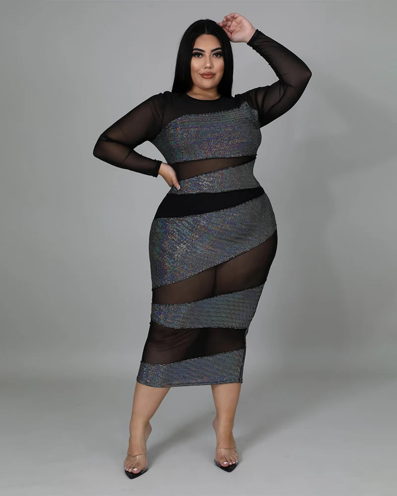 Plus Size Mesh Patchwork Bodycon Midi Dress
