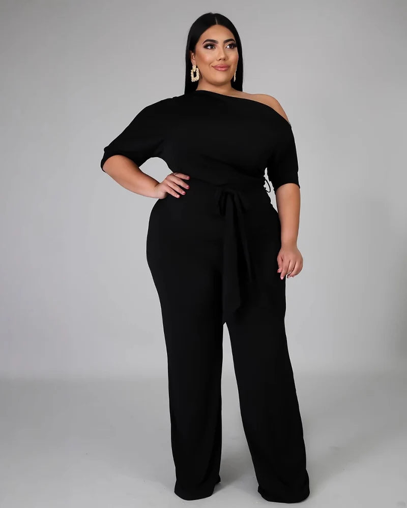 Plus Size Off Shoulder Wide Leg Jumpsuit