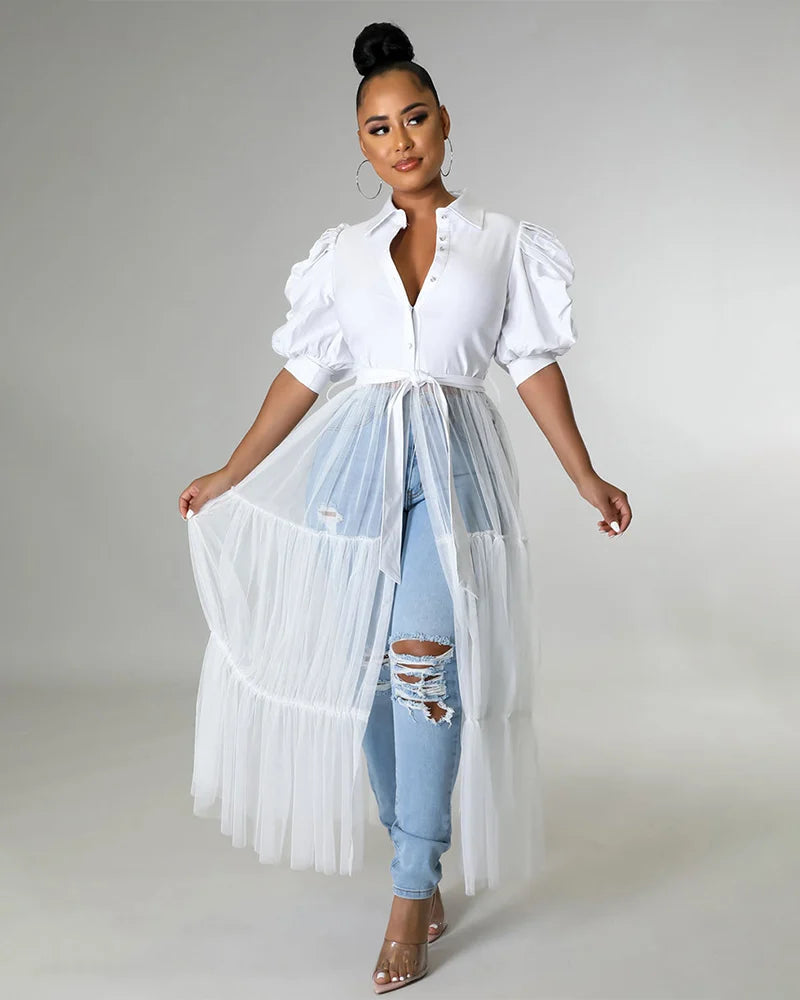 Tulle Overlay Shirt Dress