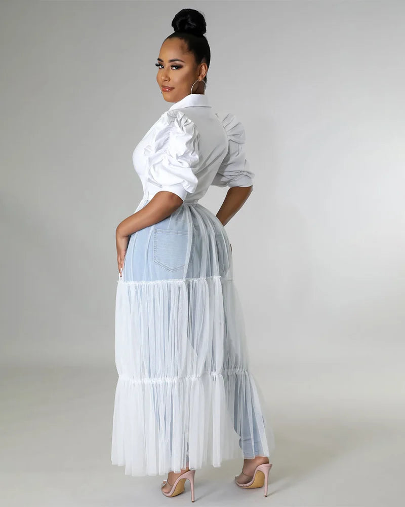 Tulle Overlay Shirt Dress